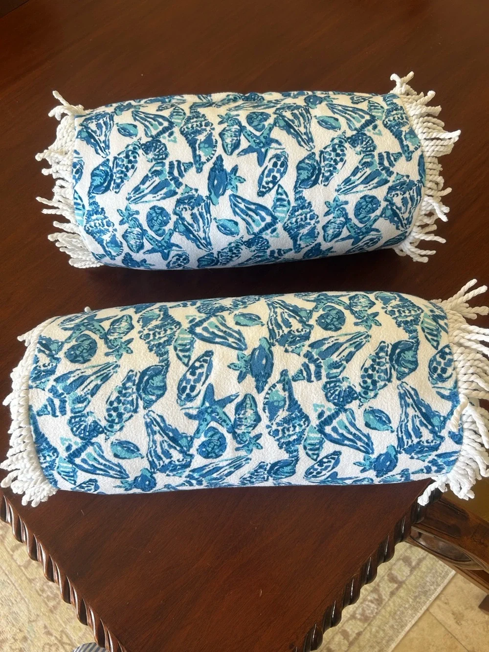Lilly Pulitzer Blue Coastal Seashell Bolster Pillow Set of 2 Rope Fringe